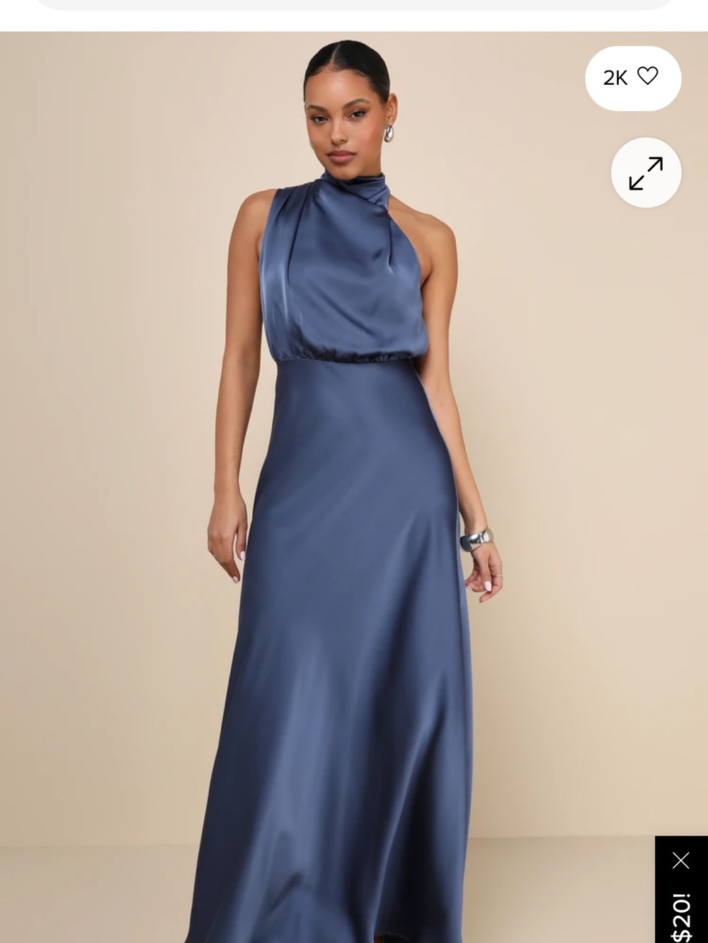 Lulu's Asymmetrical High-Neck Satin Navy Gown